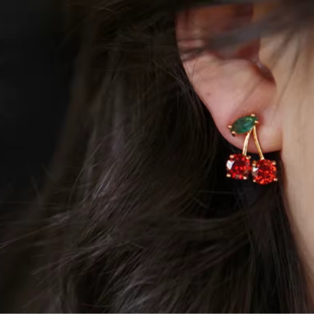 Red Cherry Gold Drop Earrings - Picture 4 of 6